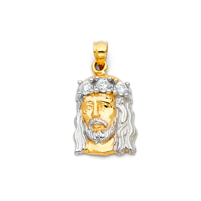 14K Two-tone Gold with White CZ Accented Jesus Christ Head Charm Pendant  (25mm x 13mm)