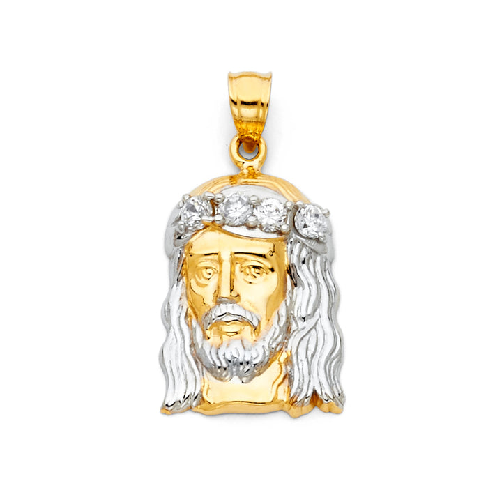 14K Two-tone Gold with White CZ Accented Jesus Christ Head Charm Pendant  (30mm x 15mm)