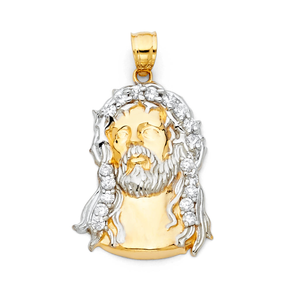 14K Two-tone Gold with White CZ Accented Jesus Christ Head Charm Pendant  (32mm x 20mm)
