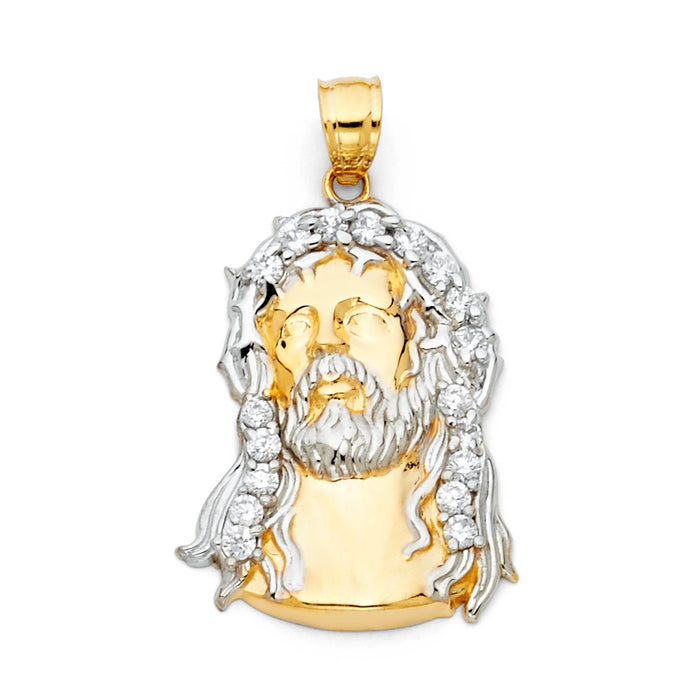 14K Two-tone Gold with White CZ Accented Jesus Christ Head Charm Pendant  (32mm x 20mm)