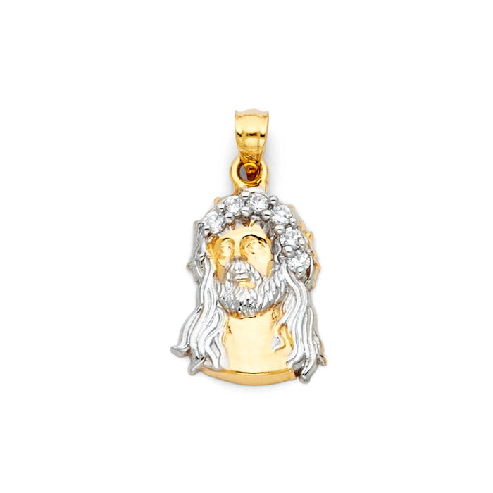 14K Two-tone Gold with White CZ Accented Jesus Christ Head Charm Pendant  (22mm x 15mm)