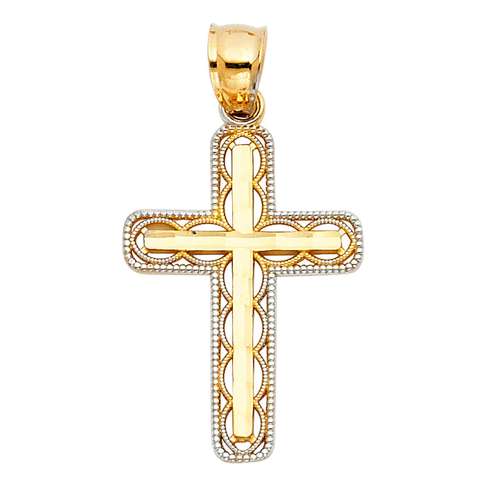 14K Two-tone Gold Small/Mini Religious Design Cross Pendant (15 X 30mm)