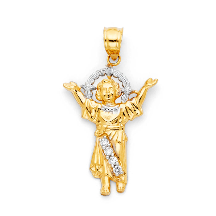 14k Yellow Gold with White CZ Accented Divine Infant Jesus Charm Pendant  (32mm x 18mm)