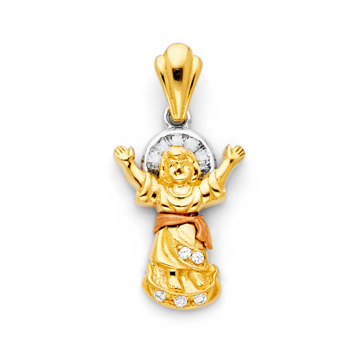 14K Tri-Color Gold with White CZ Accented Divine Infant Jesus Charm Pendant  (32mm x 15mm)