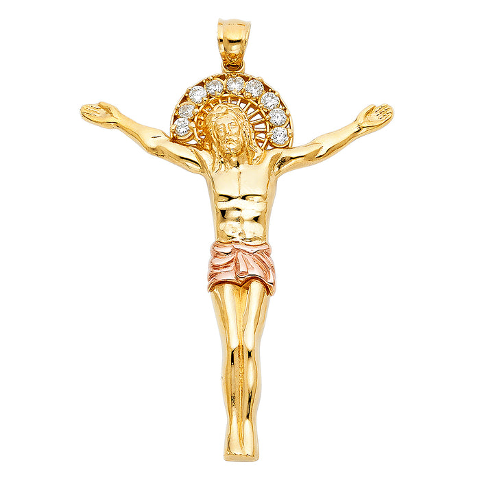 14 Two-tone Gold Large CZ Jesus Christ Body Charm Pendant  (56mm x 45mm)