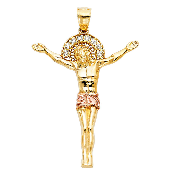 14 Two-tone Gold with White CZ Accented Jesus Christ Body Charm Pendant  (42mm x 33mm)