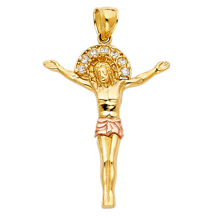 14 Two-tone Gold with White CZ Accented Jesus Christ Body Charm Pendant  (31mm x 24mm)