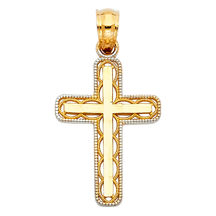 14K Two-tone Gold Small/Mini Religious Design Cross Pendant (18 X 25mm)