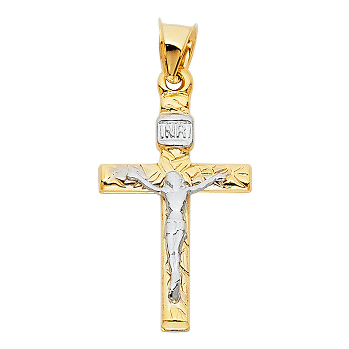 14K Two-tone Gold Small/Mini Religious Mashed Crucifix (15 X 30mm)
