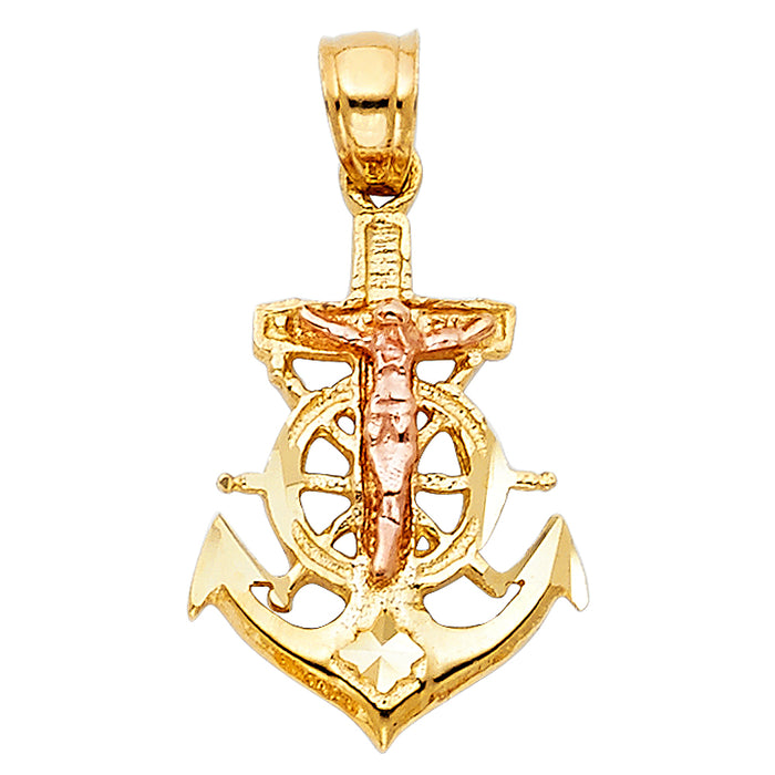 14K Two-tone Gold Religious Crucifix Anchor Charm Pendant  (20mm x 15mm)