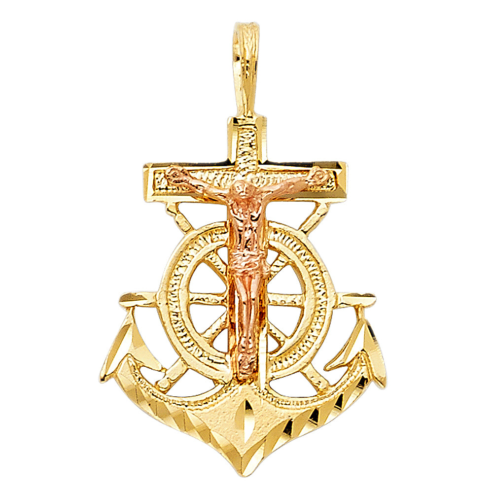 14K Two-tone Gold Religious Crucifix Anchor Charm Pendant  (23mm x 18mm)