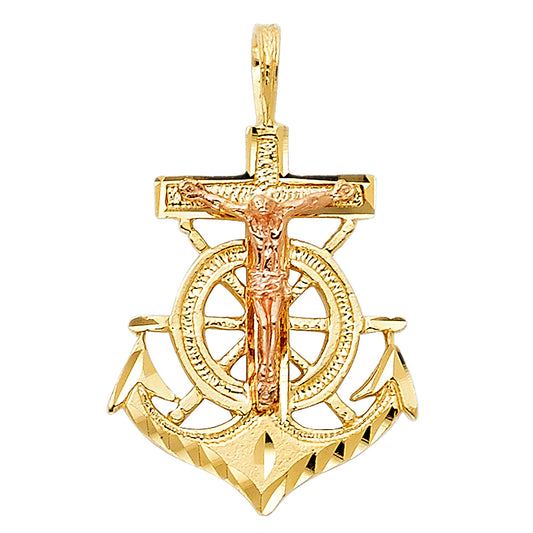 14K Two-tone Gold Religious Crucifix Anchor Charm Pendant  (23mm x 18mm)