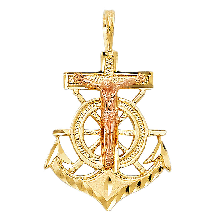 14K Two-tone Gold Religious Crucifix Anchor Charm Pendant  (23mm x 18mm)