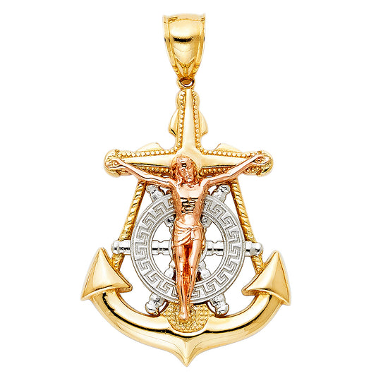 14K Tri-color Gold Large Religious Crucifix Anchor Charm Pendant  (43mm x 32mm)