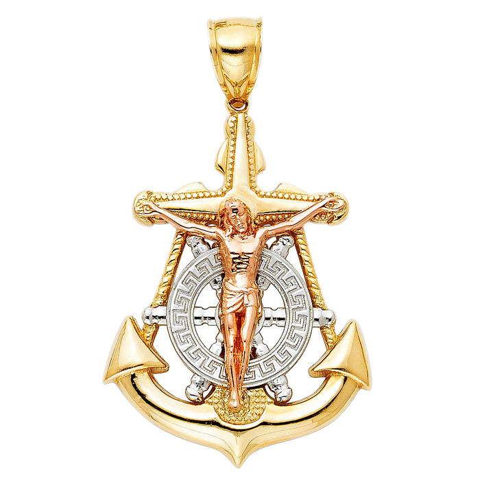 14K Tri-color Gold Large Religious Crucifix Anchor Charm Pendant  (43mm x 32mm)