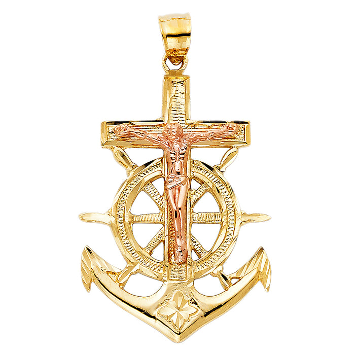 14K Two-Tone Gold Large Religious Crucifix Anchor Charm Pendant  (40mm x 28mm)