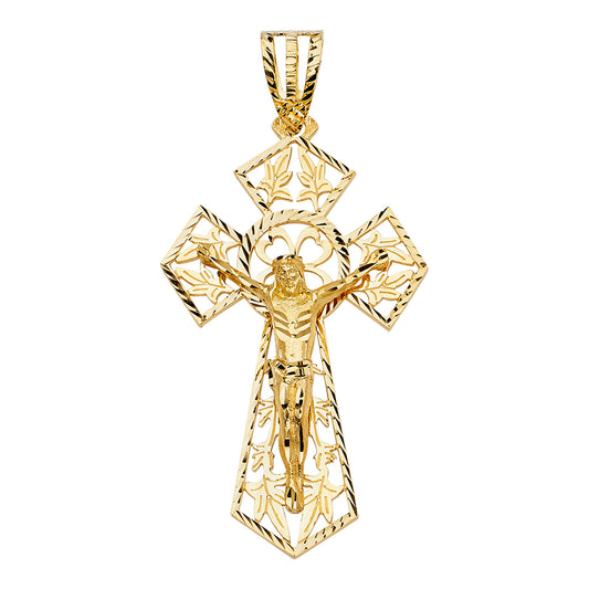 14k Yellow Gold Large Religious Cut-Out Crucifix Charm Pendant  (85mm x 52mm)