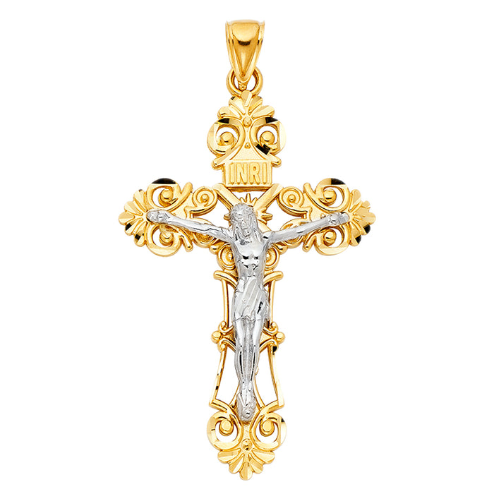 14k Yellow Gold Large Religious Cut-Out Crucifix Charm Pendant  (65mm x 42mm)