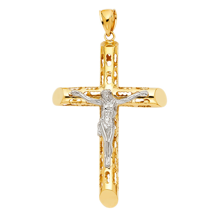 14k Yellow Gold Large Religious Cut-Out Crucifix Charm Pendant  (68mm x 47mm)