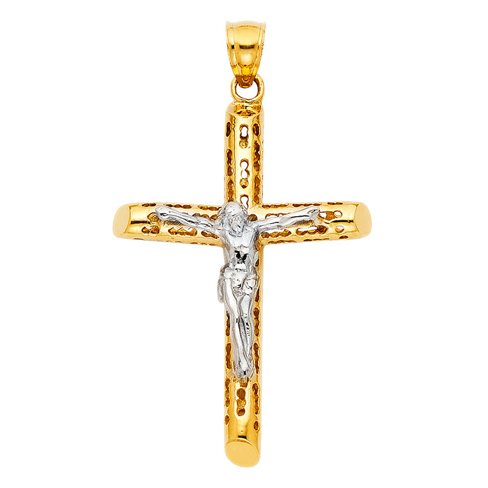 14k Yellow Gold Religious Cut-Out Crucifix Charm Pendant  (40mm x 28mm)