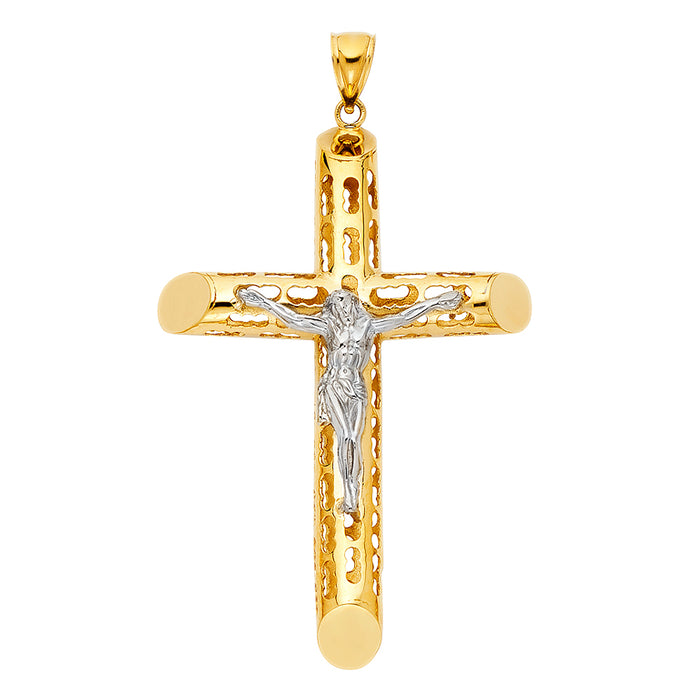 14k Yellow Gold Large Religious Cut-Out Crucifix Charm Pendant  (76mm x 52mm)