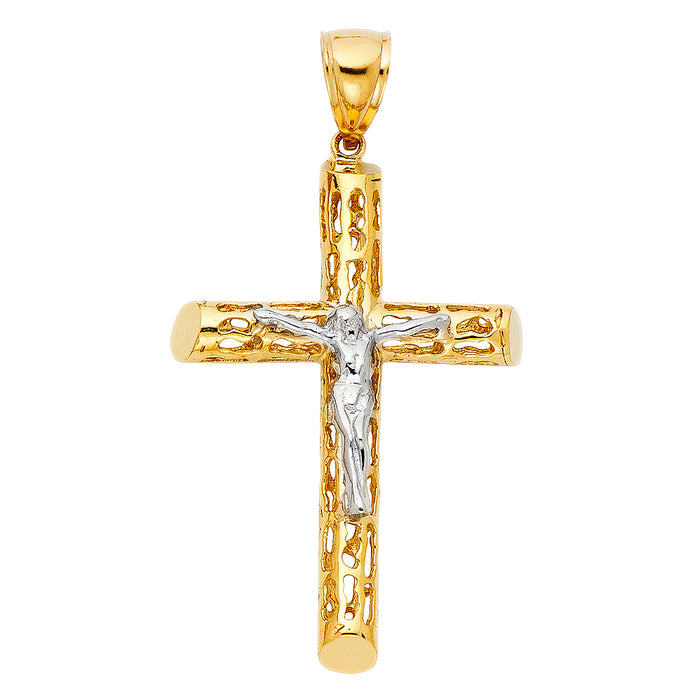 14k Yellow Gold Large Religious Cut-Out Crucifix Charm Pendant  (48mm x 32mm)