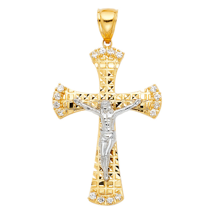 14k Yellow Gold Large Religious CZ Cut-Out Crucifix Charm Pendant  (50mm x 35mm)