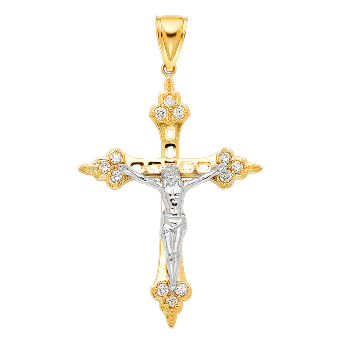 14k Yellow Gold Large Religious CZ Cut-Out Crucifix Charm Pendant  (50mm x 36mm)