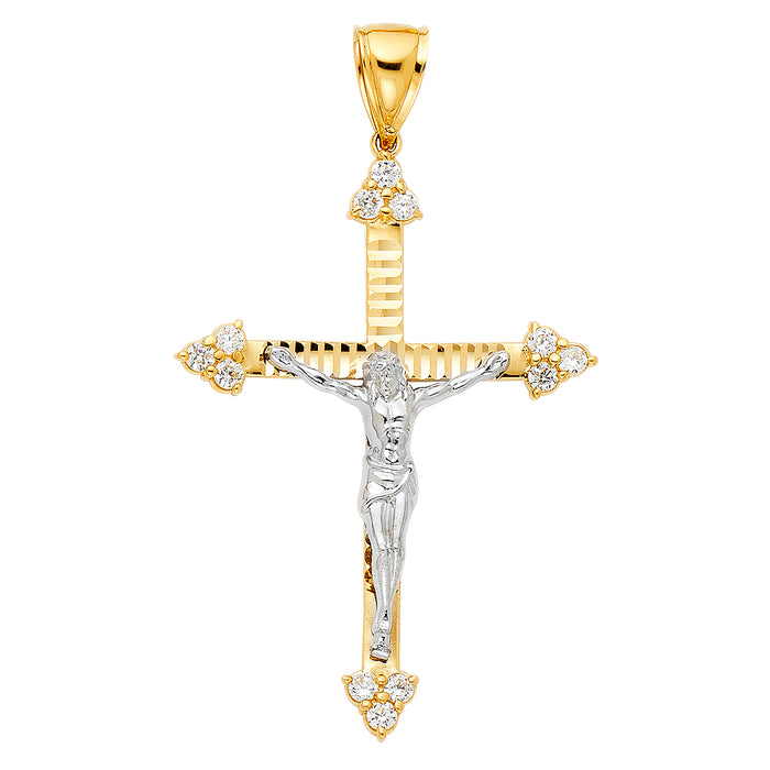 14k Yellow Gold Religious CZ Cut-Out Crucifix Charm Pendant  (52mm x 37mm)