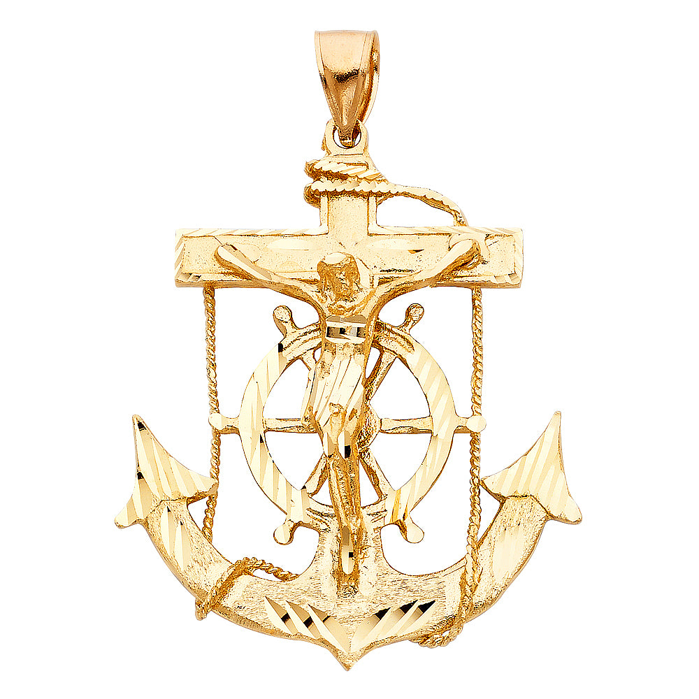 14k Yellow Gold Large Religious Mariner Crucifix Charm Pendant  (55mm x 50mm)
