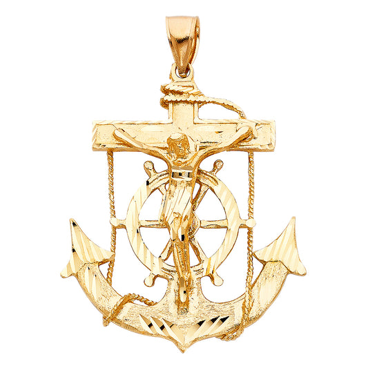 14k Yellow Gold Large Religious Mariner Crucifix Charm Pendant  (55mm x 50mm)