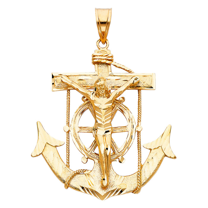 14k Yellow Gold Large Religious Mariner Crucifix Charm Pendant  (66mm x 63mm)