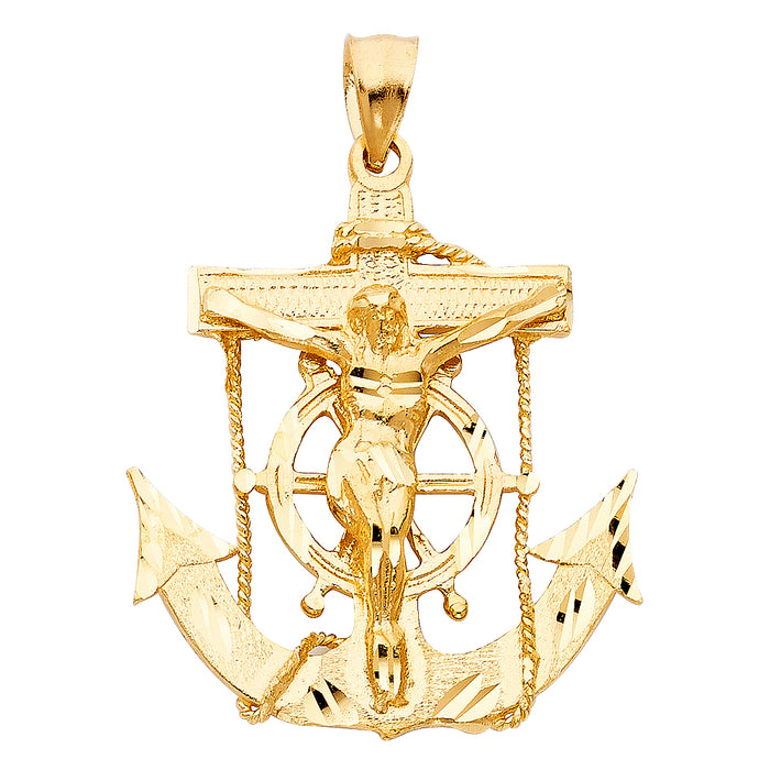 14k Yellow Gold Large Religious Mariner Crucifix Charm Pendant  (40mm x 37mm)
