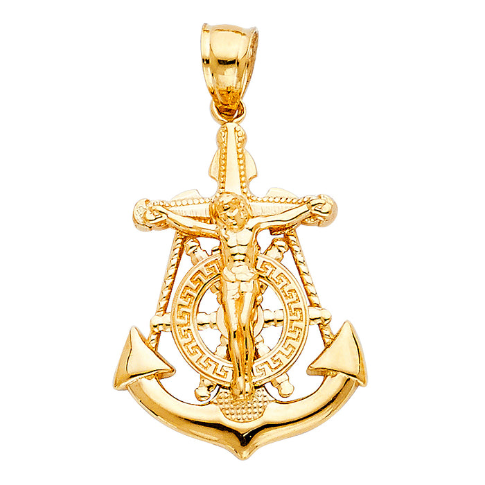 14k Yellow Gold Religious Mariner Crucifix Charm Pendant  (25mm x 19mm)