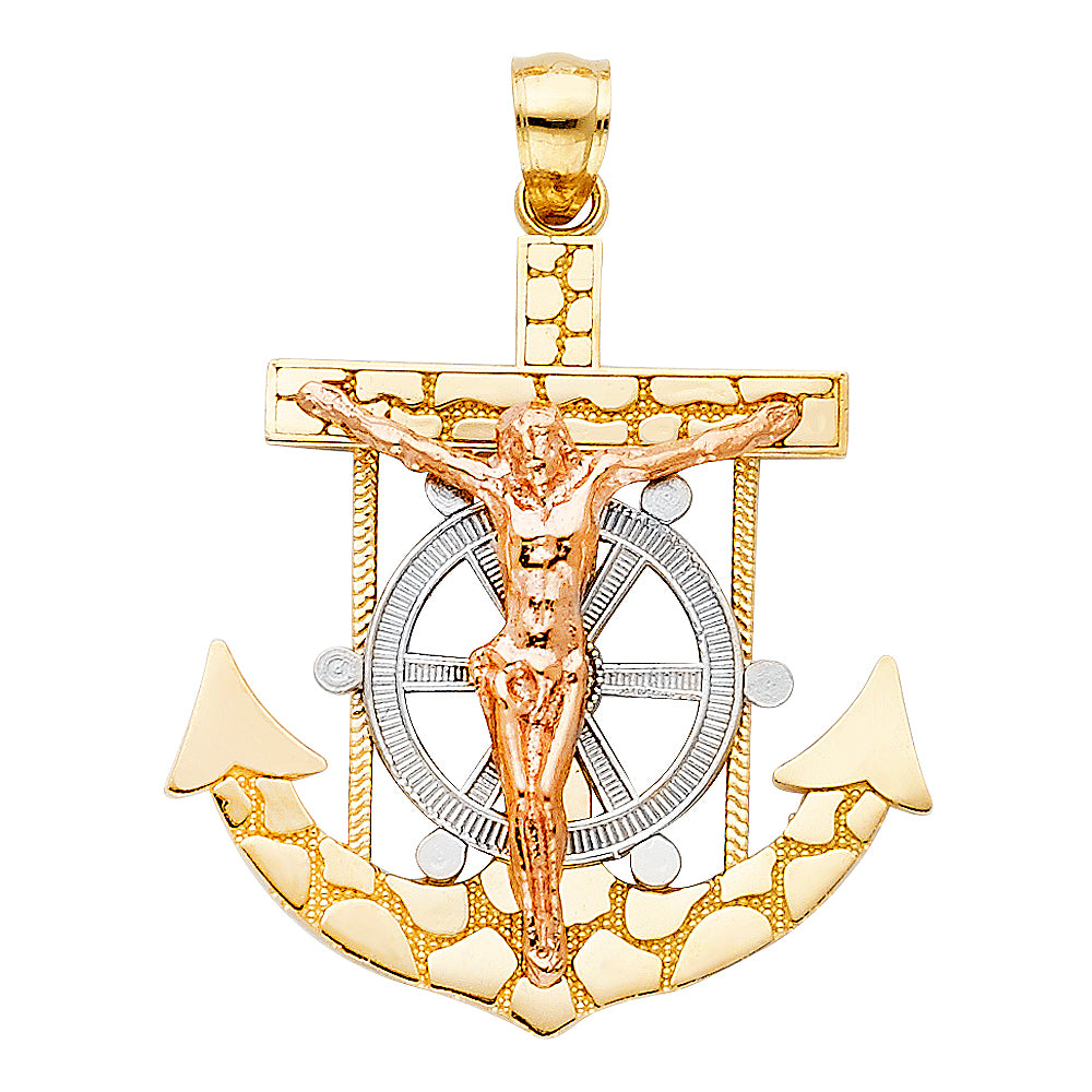 14K Two-tone Gold Religious Mariner Crucifix Charm Pendant  (30mm x 30mm)