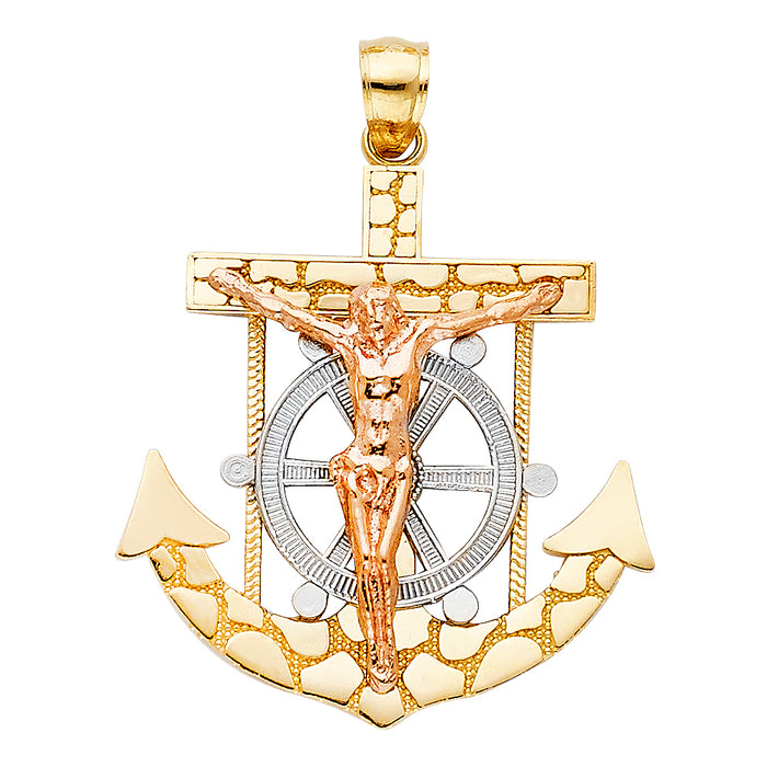 14K Two-tone Gold Religious Mariner Crucifix Charm Pendant  (30mm x 30mm)