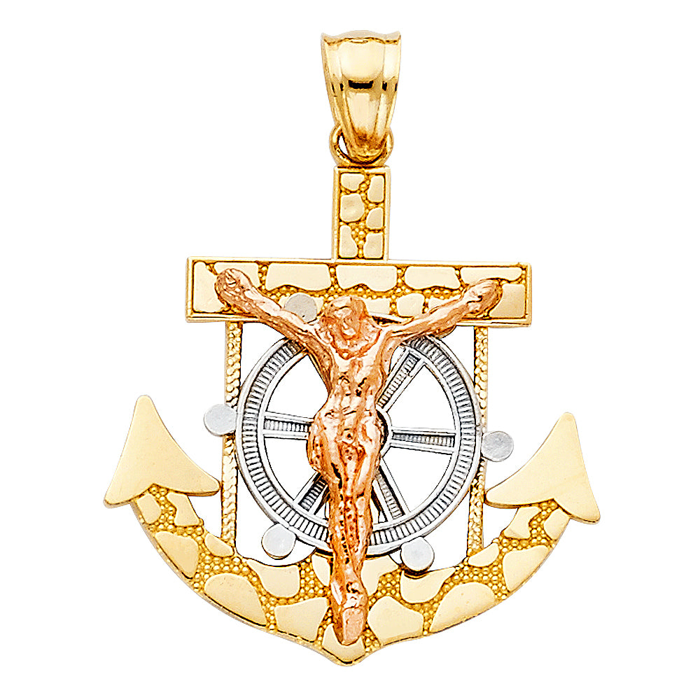 14K Two-tone Gold Religious Mariner Crucifix Charm Pendant  (25mm x 25mm)