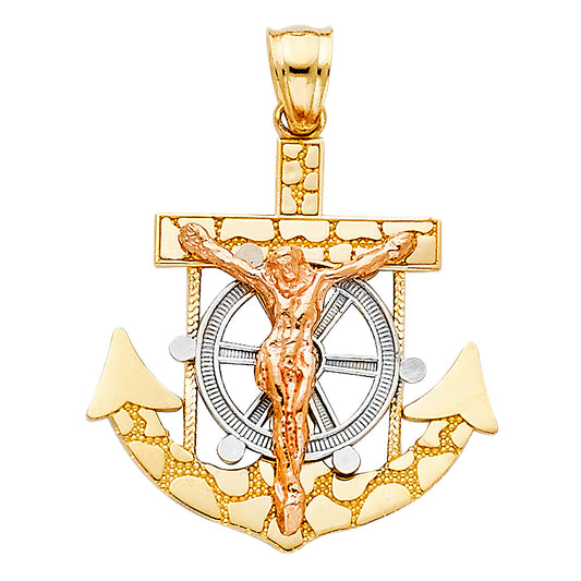 14K Two-tone Gold Religious Mariner Crucifix Charm Pendant  (25mm x 25mm)