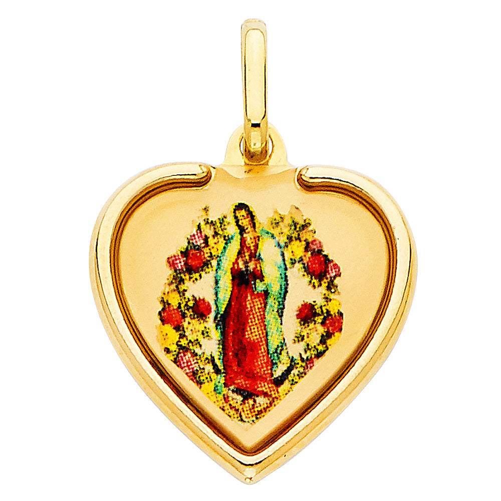 14K Yellow Gold Picture of Our Lady Of Guadalupe on Heart Charm Pendant (18mm x 19mm)