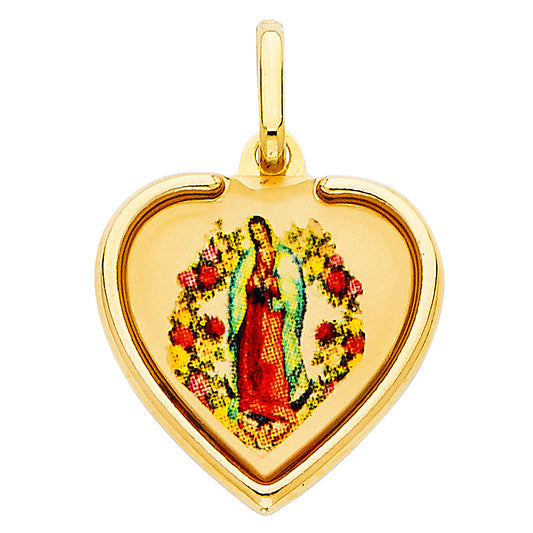 14K Yellow Gold Picture of Our Lady Of Guadalupe on Heart Charm Pendant (18mm x 19mm)