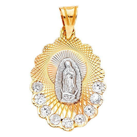 14K Tri-Color Gold Small/Mini Guadalupe CZ Charm Pendant  (20mm x 14mm)