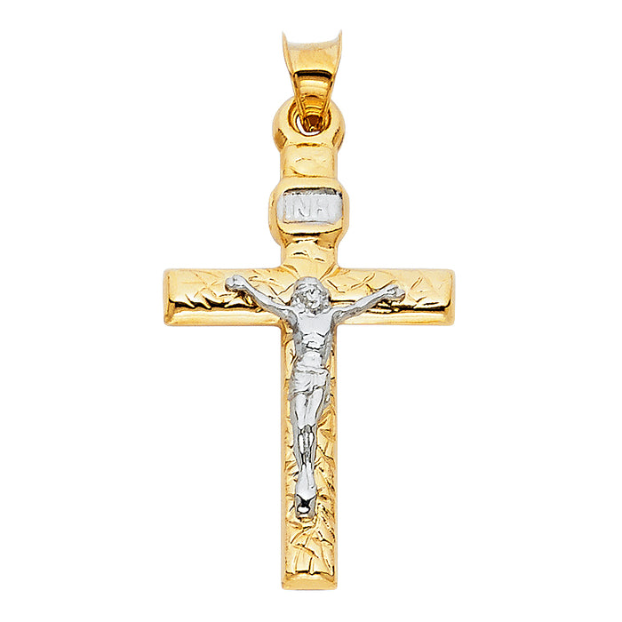 14K Two-tone Gold Small/Mini Religious Mashed Crucifix (18 X 35mm)