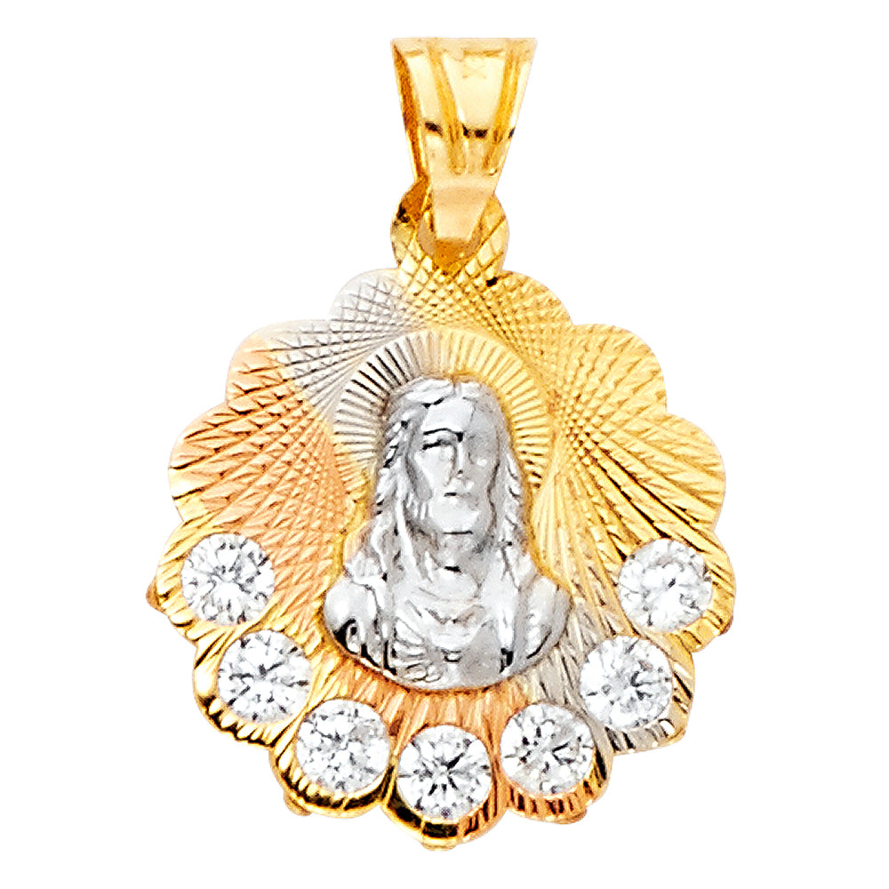14K Tri-Color Gold Small/Mini Guadalupe CZ Charm Pendant  (18mm x 14mm)