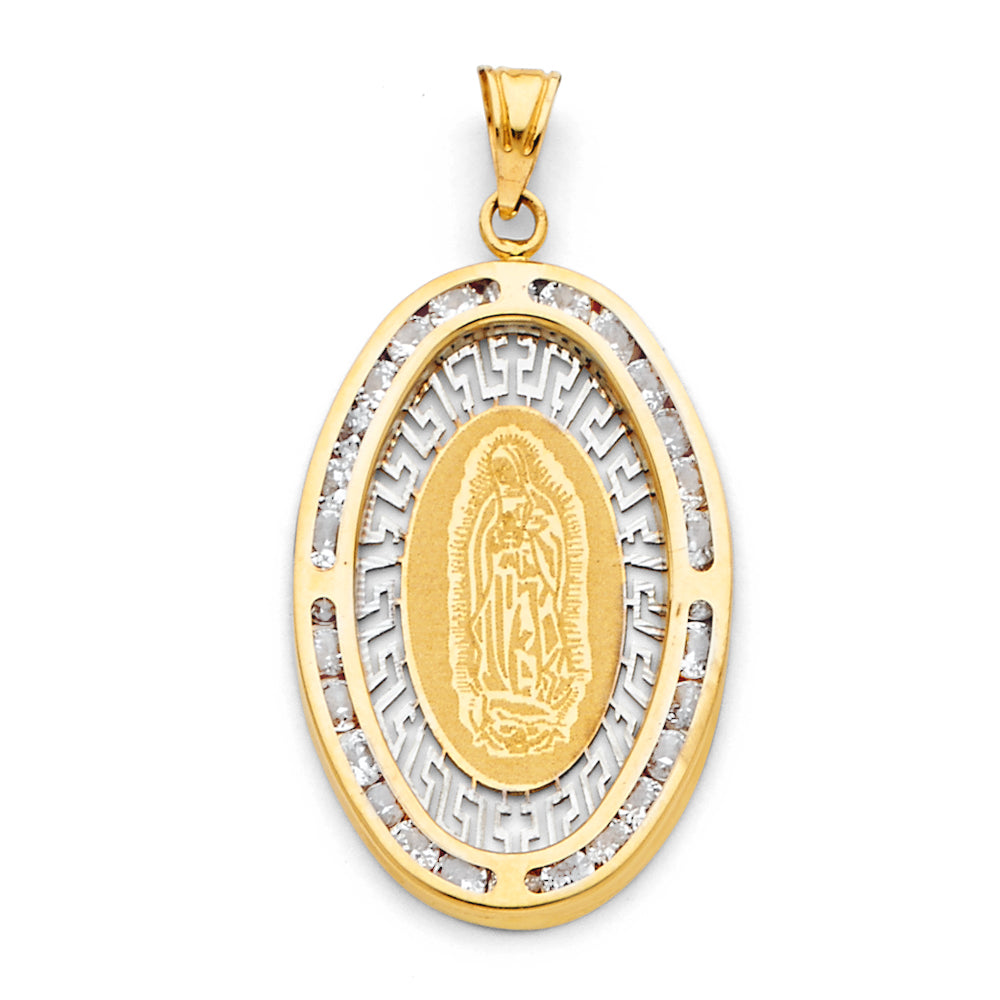 14k Yellow Gold Guadalupe CZ Charm Pendant  (35mm x 20mm)
