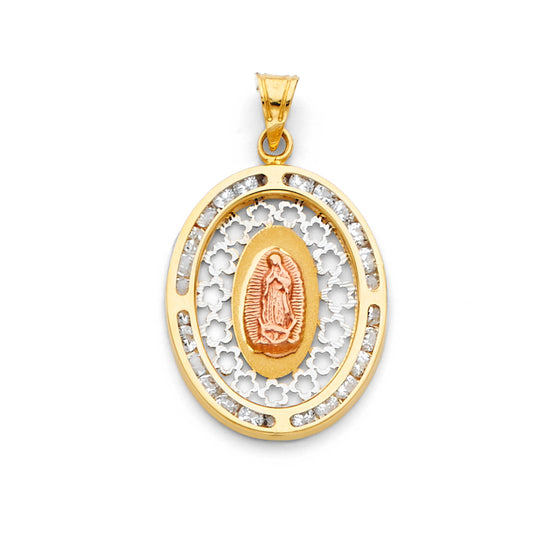 14K Tri-Color Gold Guadalupe CZ Charm Pendant  (28mm x 18mm)
