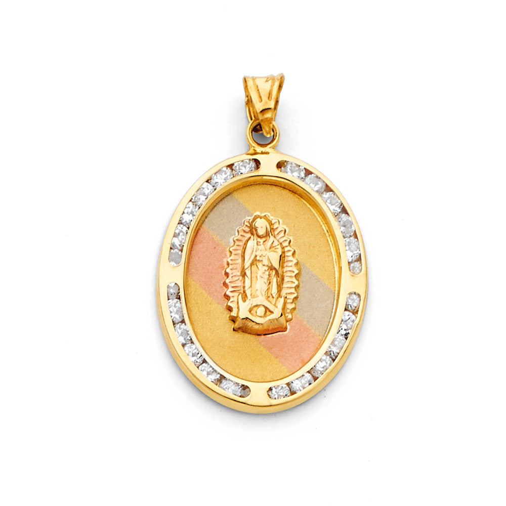 14K Tri-Color Gold Guadalupe CZ Charm Pendant  (28mm x 18mm)