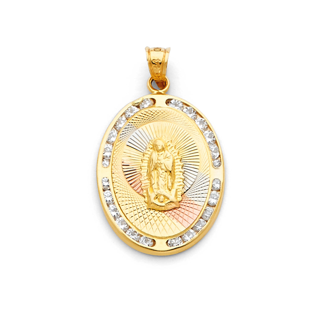 14K Tri-Color Gold Guadalupe CZ Charm Pendant  (28mm x 17mm)