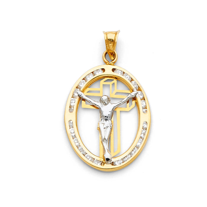 14K Two-tone Gold Jesus CZ Charm Pendant  (28mm x 17mm)