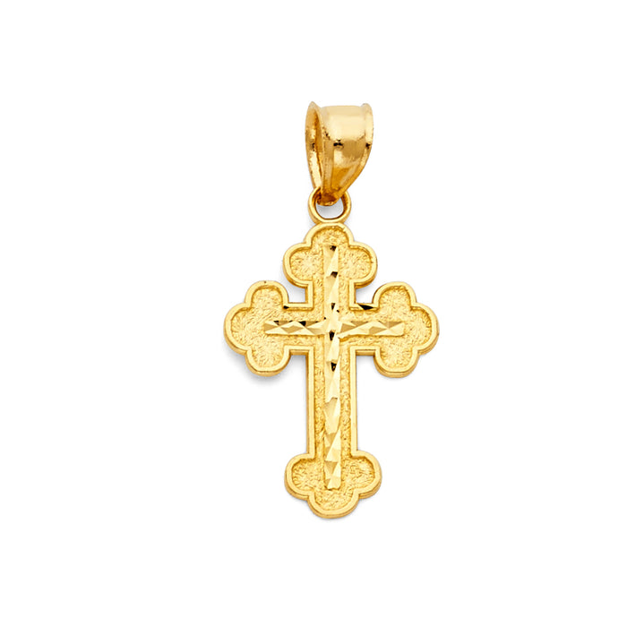 14k Yellow Gold Small/Mini Religious Budded Diamond-cut Cross (21mm x 15mm)