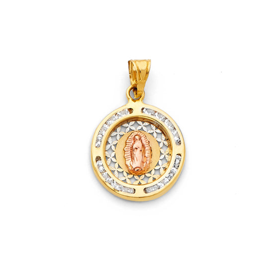 14K Tri-Color Gold Small/Mini Guadalupe CZ Charm Pendant  (20mm x 15mm)